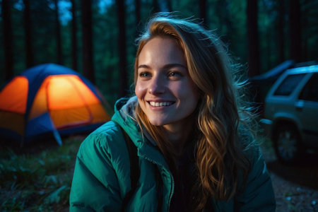 Portrait of smiling woman standing near tent in forest during camping tripの素材
