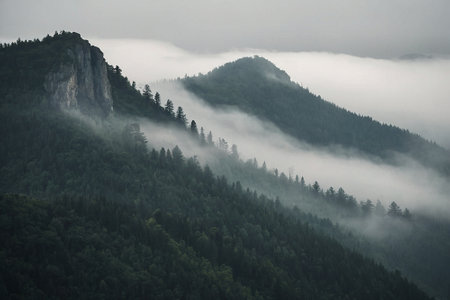 Misty morning in the mountains, Black Forest, Carpathians, Ukraineの素材