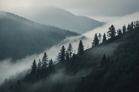 Foggy morning in the Carpathian mountains, Ukraine.の素材