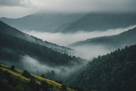 Foggy morning in the Carpathian Mountains, Ukraine.の素材
