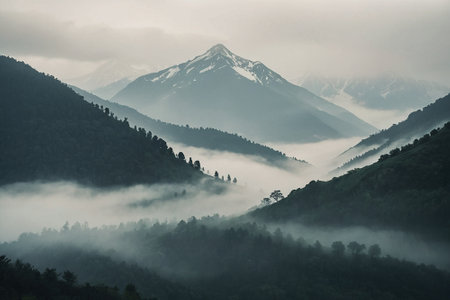 Mountain landscape with fog and mist in Himalayas, Nepalの素材