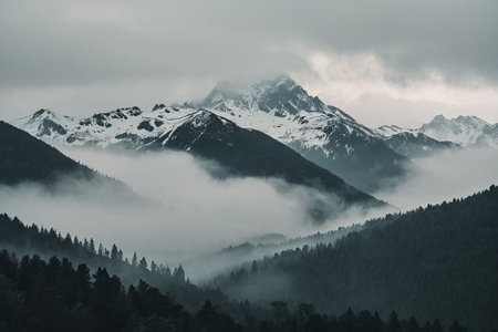 Beautiful view of the mountains in the fog. Caucasus, Russiaの素材