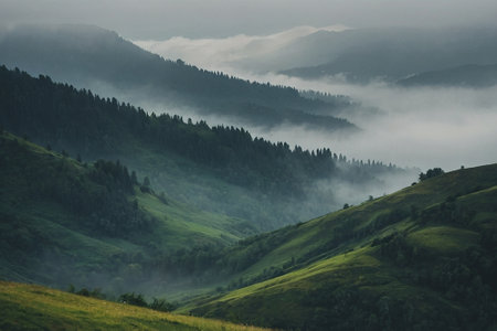 Foggy morning in the Carpathian mountains, Ukraine.の素材