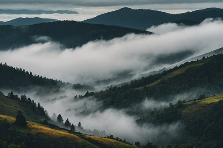 Foggy morning in the Carpathian mountains, Ukraine.の素材