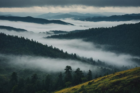 Foggy morning in the Carpathian mountains, Ukraine.の素材