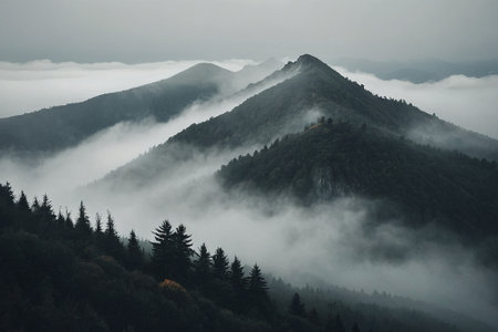 Foggy morning in the Carpathian mountains, Ukraine.の素材