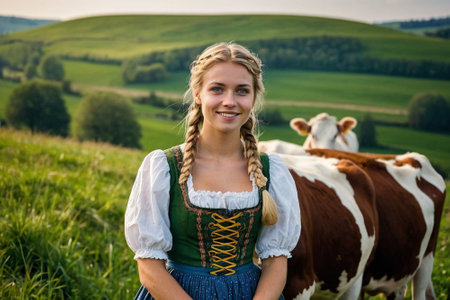 Young woman in traditional Bavarian dress with cows in the fieldの素材