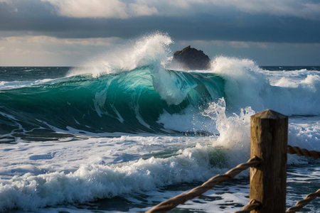 Big wave breaking on the beach. Stormy weather in the south of Portugal.の素材