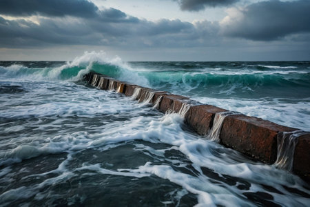 Stormy sea waves breaking on concrete breakwater. Long exposure.の素材
