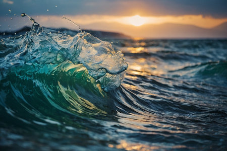 Beautiful ocean wave at sunset. Close-up view of splashing water surface at sunsetの素材