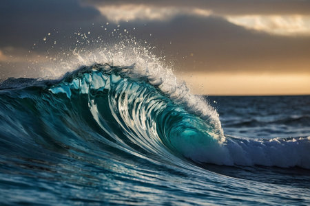 Blue Ocean Wave Breaks on the Atlantic Ocean Coast at Sunset.の素材