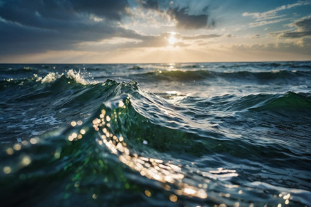 Beautiful seascape with waves in the sea at sunset.の素材