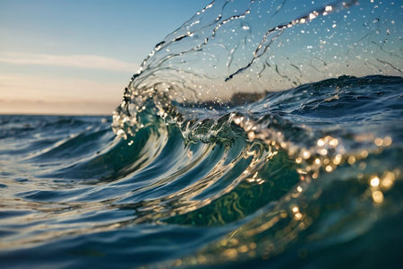 Splashes of water on the surface of the sea at sunset.の素材