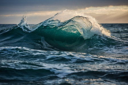 Ocean wave breaking on shore at sunset time. Beautiful natural background.の素材