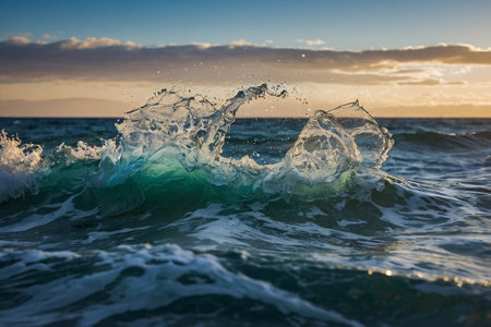 Splashes of water against the background of the sea at sunset.の素材