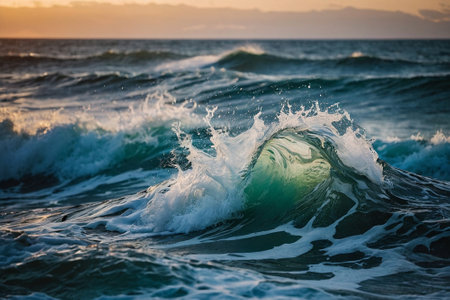 Waves breaking on the shore of the Atlantic Ocean at sunset.の素材