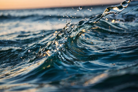 Splashes of water from the waves on the sea at sunset.の素材