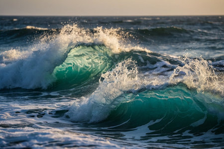 Big wave breaking on the beach at sunset. Beautiful natural background.の素材