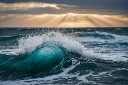 Ocean wave breaking on the shore with sun rays coming through the cloudsの素材