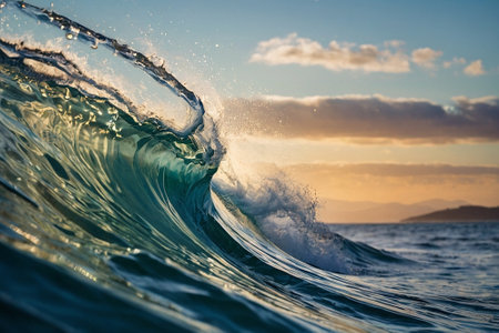 Blue ocean wave at sunset. Close-up view of breaking waveの素材