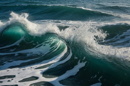 Big wave breaks on the shore. Close up of the ocean wave.の素材