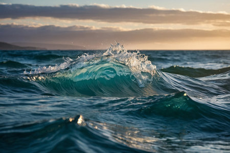 Ocean wave at sunset. Blue ocean wave with splashes of waterの素材