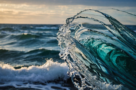 Splashes of water against the background of the sea and sky.の素材
