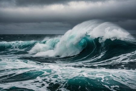 Big wave breaking on the shore in stormy weather, Iceland.の素材