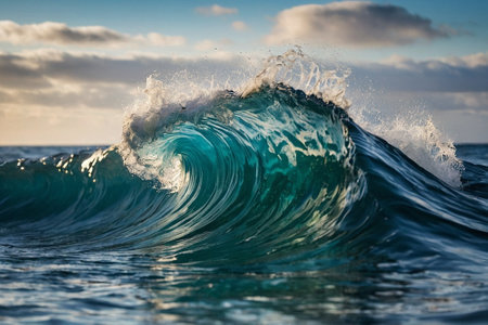 Ocean wave closeup. Blue ocean wave with white splashes.の素材