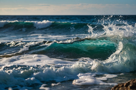 Splashing wave on the shore of the Mediterranean Sea. Toned.の素材