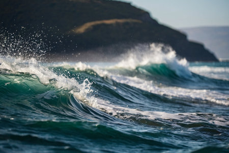 Ocean wave breaking on the shore in a sunny day. Beautiful natural background.の素材