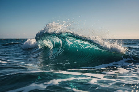 Ocean wave breaking on the shore. Blue ocean wave in motion blurの素材