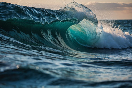 Big Blue Ocean Wave Breaks in the Atlantic Ocean, Hawaii.の素材