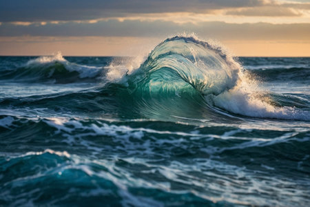 Ocean wave breaking on shore at sunset. Beautiful natural background with copy space.の素材