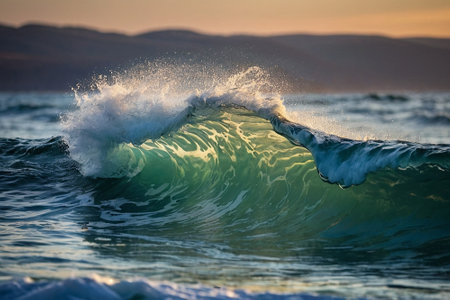 Ocean wave breaking on the beach at sunset. Beautiful natural background.の素材