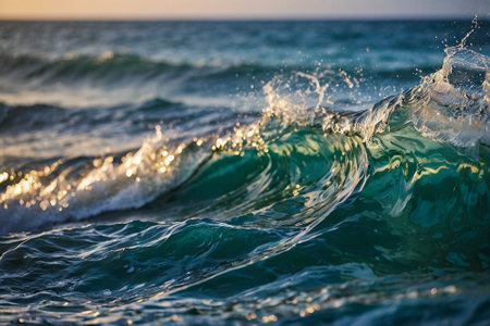 Ocean wave breaking on the shore at sunset, close-up.の素材
