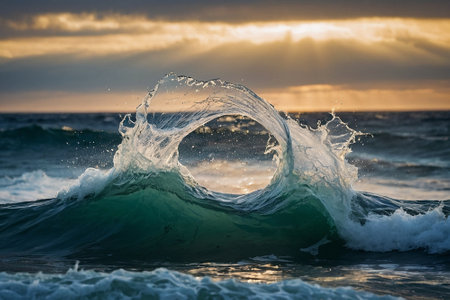 Beautiful wave splashes on the beach at sunset in the eveningの素材