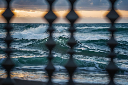 Beautiful view of the waves breaking on the beach at sunset.の素材