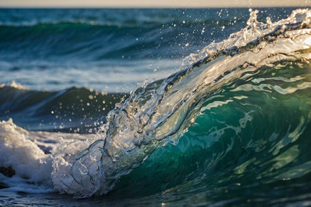Beautiful ocean wave breaking on the shore at sunset. Close up.の素材