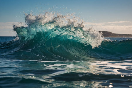 Ocean wave breaking on the shore. Big blue wave in the ocean.の素材