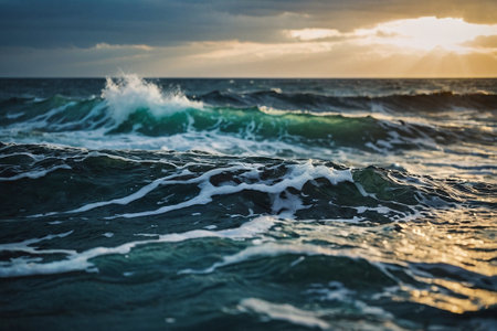 Beautiful seascape with waves on the sea at sunset.の素材