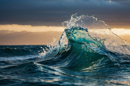 Ocean wave with splashes at sunset. Close up view of blue ocean waveの素材
