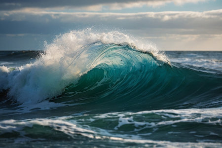 Ocean wave on a sunny day. Beautiful blue ocean wave with white foamの素材