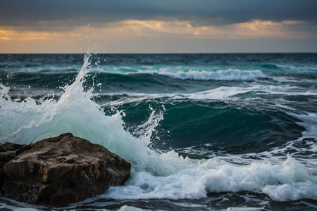 Waves breaking on the rocks in the sea during a storm.の素材