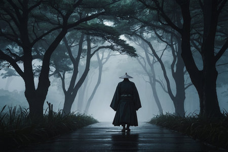 Silhouette of a woman in a raincoat walking on a foggy forest roadの素材