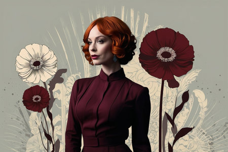 Fashion portrait of beautiful redhead woman with poppies.の素材