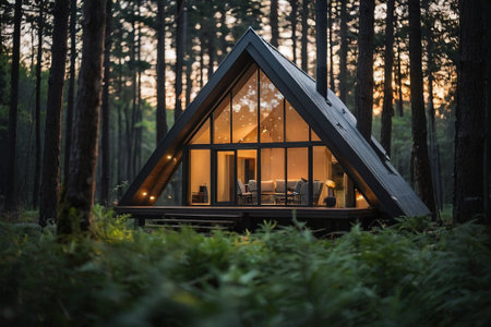 Camping in the forest. Wooden house in the forest at sunset.の素材