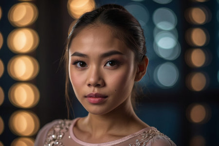 Portrait of a beautiful Asian girl in a pink dress on a dark backgroundの素材