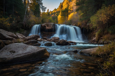 Waterfall in the autumn forest at sunset. Waterfall in the autumn forest.の素材