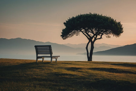 Bench on the shore of Lake Garda in Italy at sunset.の素材